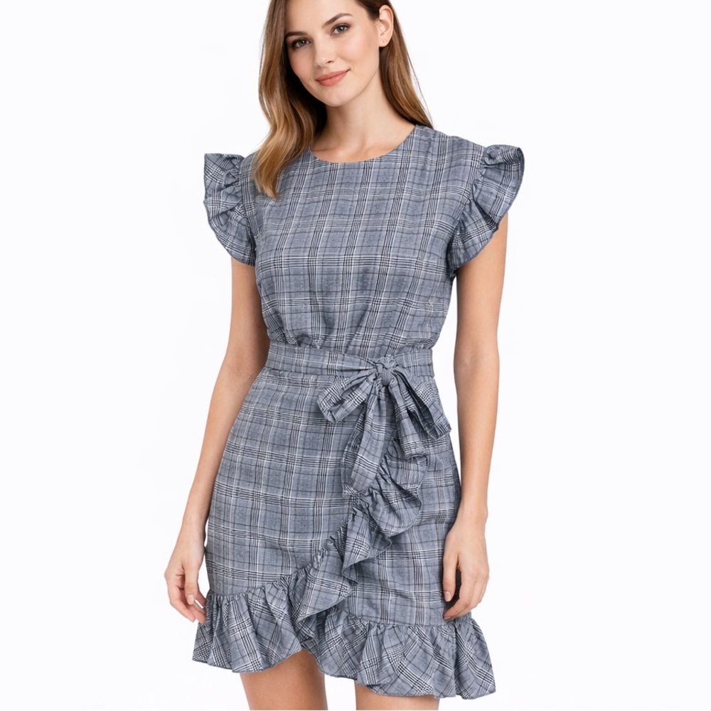 THML Black White Blue Checkered Plaid Mini Ruffle Dress with Bow Medium